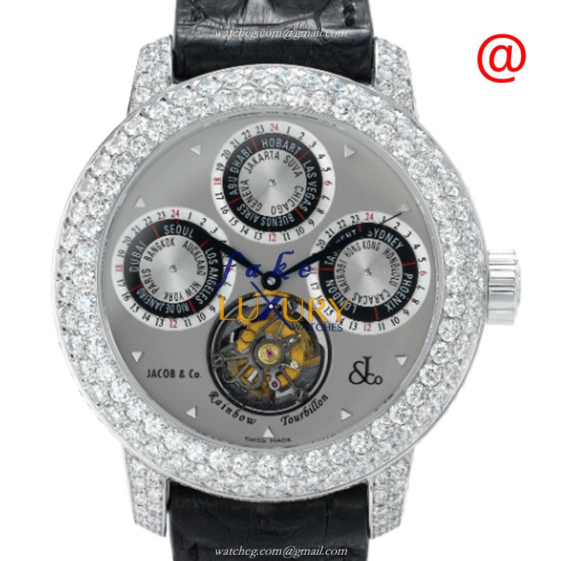 Jacob & Co R2WGDC | Manual Wind | 18kt White Gold | Diamond Bezel | Gray Dial | Alligator Strap - Luxury Replica Watch