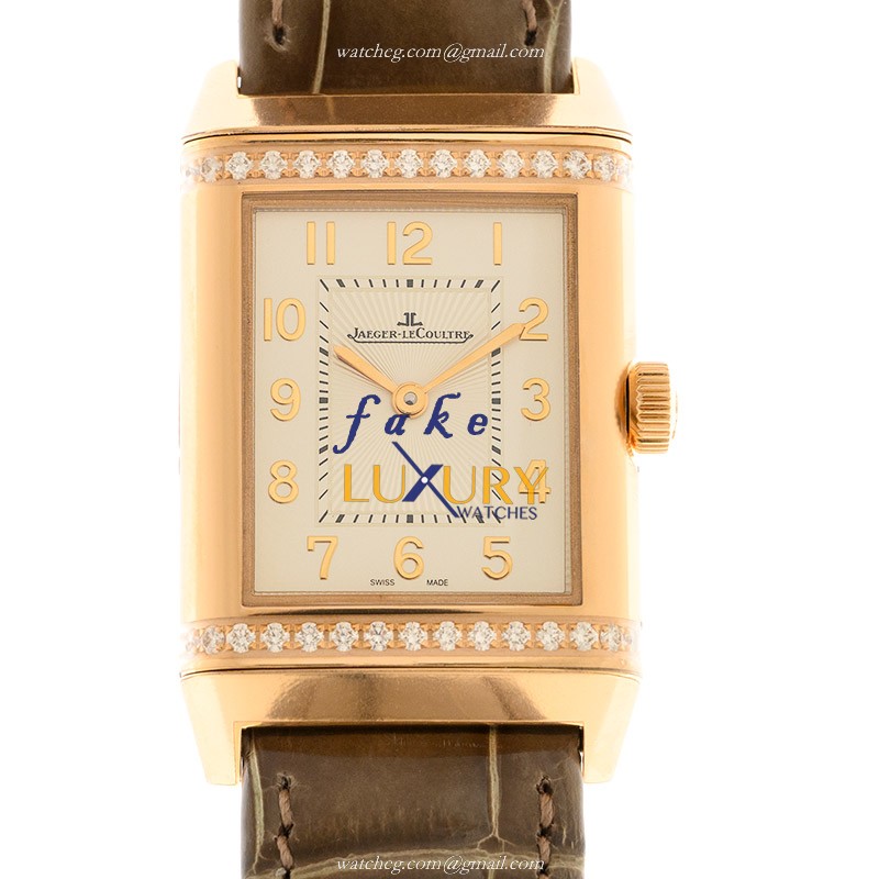 Jaeger-Lecoultre Q2572570 REVERSO Auto 18kt Rose Gold Diamond Case | White Dial Brown Leather Strap - Luxury Replica Watch