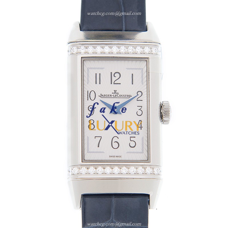 Jaeger-Lecoultre Q3288420 REVERSO Quartz Stainless Steel & Diamonds - White Dial - Blue Alligator - Luxury Replica Watch