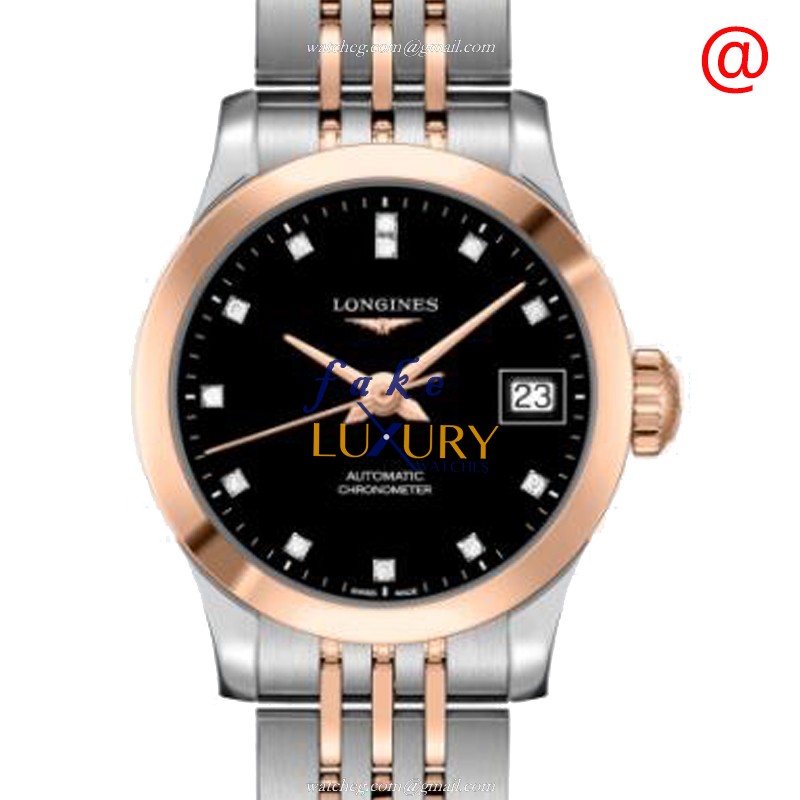 L2.320.5.57.7 - Longines Record Replica Watch - Automatic Black Dial - 18kt Rose Gold & Steel