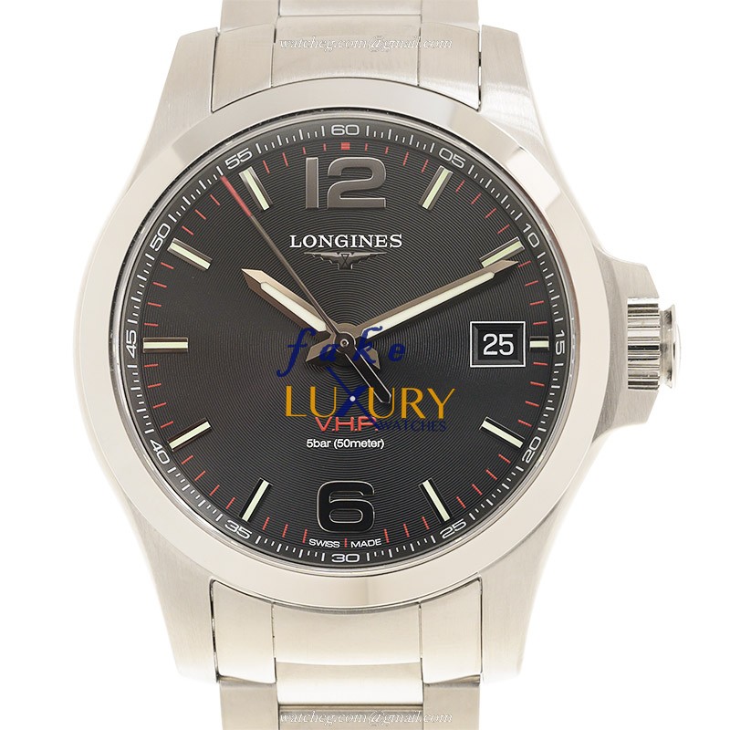 - L3.716.4.56.6 Longines CONQUEST Quartz Stainless Steel Replica Watch - Black Dial, Silver