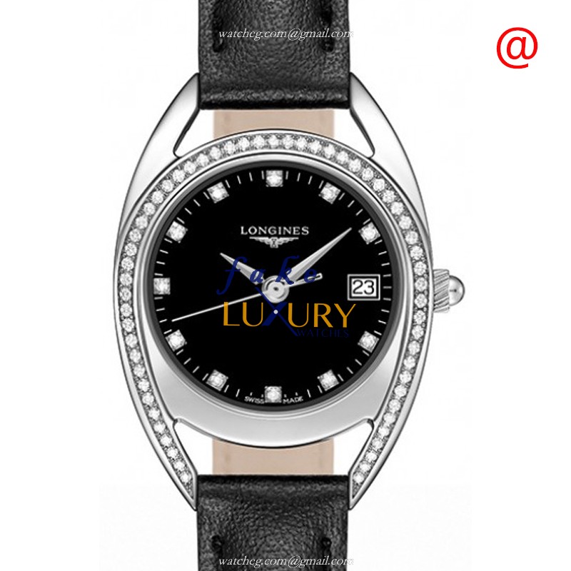L6.136.0.57.0 - Longines Equestrian Replica Watch - Quartz - Black Dial - Stainless Steel & Diamonds