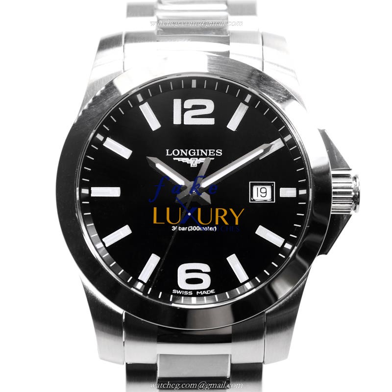 Longines Conquest Quartz L3.659.4.58.6 Stainless Steel Black Dial Silver Bracelet Replica Watch