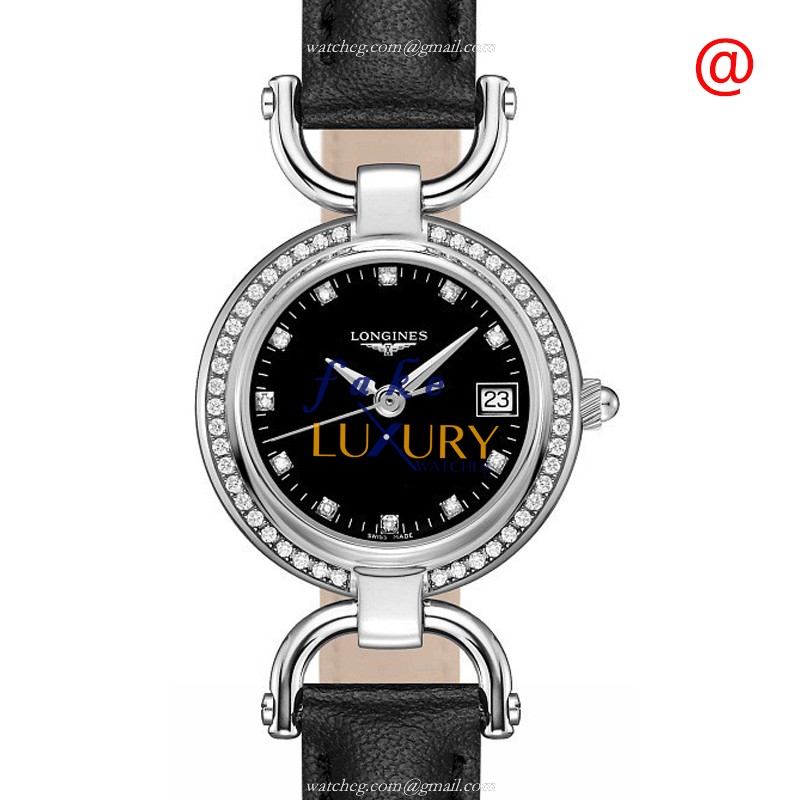 Longines Equestrian L6.130.0.57.0 Quartz Stainless Steel Diamonds Black Dial Leather Strap Replica