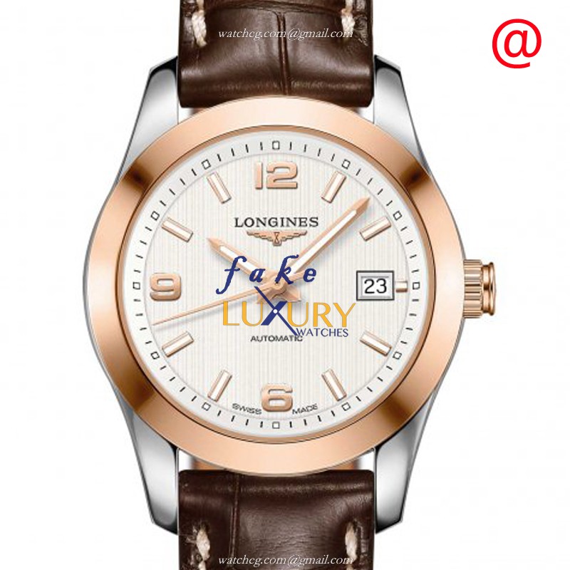Longines L2.285.5.76.3 Conquest Replica Watch, White Dial, Rose Gold & Steel Case, Brown Alligator