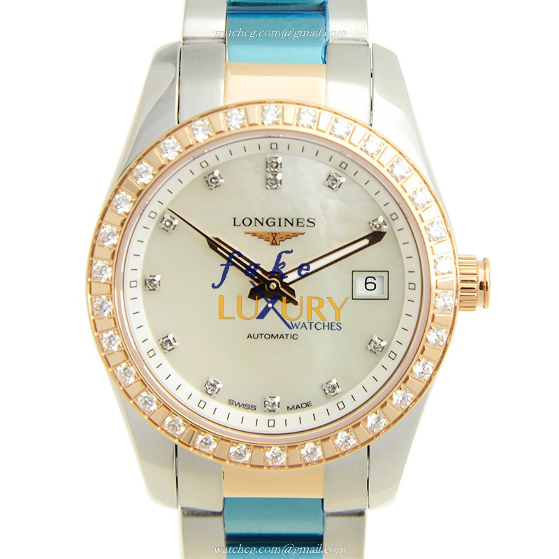 Longines L2.285.5.88.7 Conquest Replica Watch, 29.5mm, Automatic, White Mother of Pearl Dial, 18kt - Luxury Replica Watch