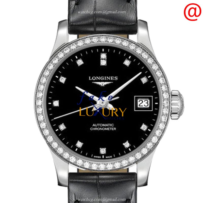 Longines L2.320.4.57.2 RECORD Replica Watch, Black Dial, Alligator Strap, Automatic Movement