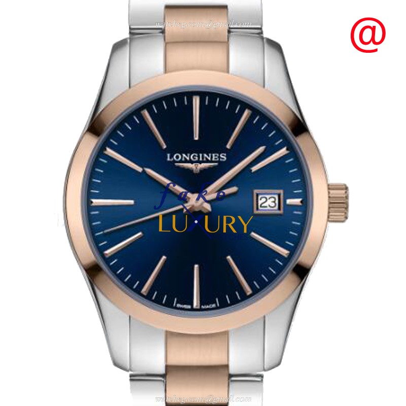 Longines L2.386.3.92.7 Conquest Classic Quartz 34mm 18kt Rose Gold & Steel Blue Dial Replica Watch