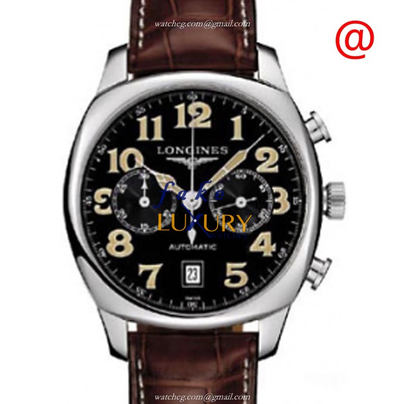 Longines L2.705.4.53.2 Replica Watch, Automatic, Black Dial, Steel Case, Brown Alligator Strap