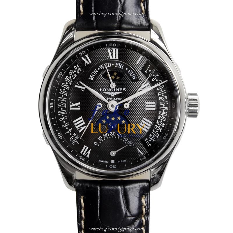 Longines L2.739.4.51.7 MASTER Replica Watch, Automatic, Black Dial, Steel Case, Alligator Strap