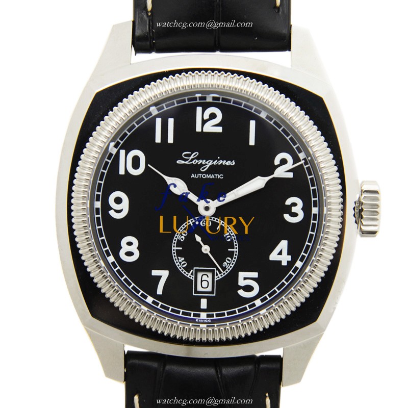 Longines L2.794.4.53.0 Heritage Replica Watch, Black Dial, Steel Case, Alligator Strap