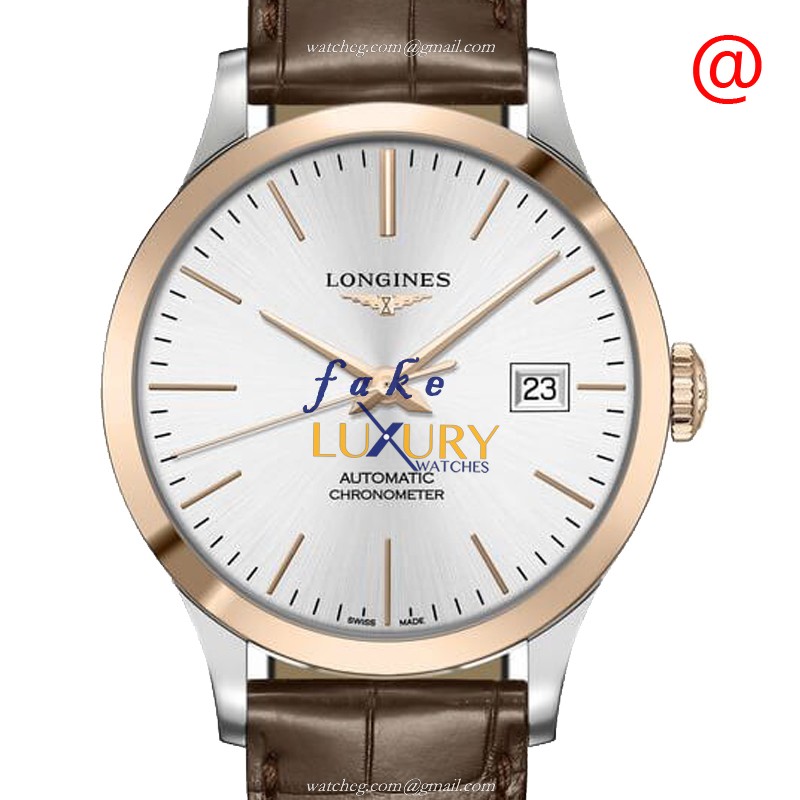 Longines L2.820.5.72.2 RECORD Replica Watch Silver Dial 18kt Rose Gold Steel Case Brown Alligator