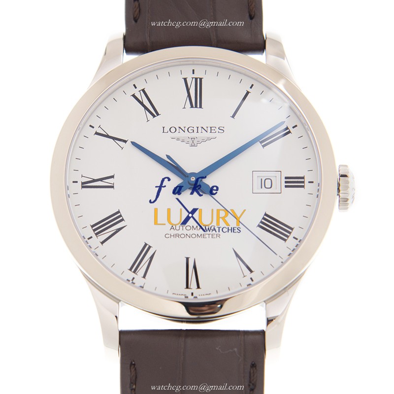 Longines L2.821.4.11.2 Record Automatic White Dial Brown Leather Strap Stainless Steel Replica Watch