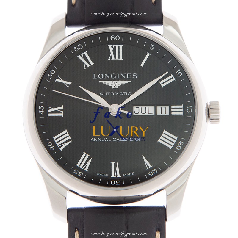 Longines L2.910.4.51.7 MASTER Replica Watch, Black Dial, Steel Case, Alligator Strap, Automatic