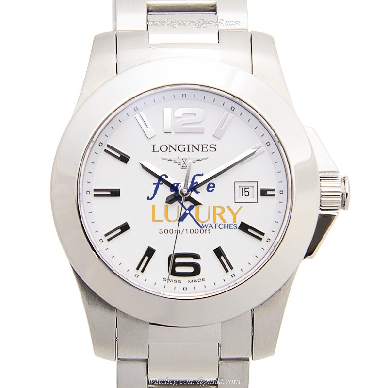 Longines L3.258.4.16.6 Conquest Quartz Replica Watch, White Dial Silver Steel Bracelet