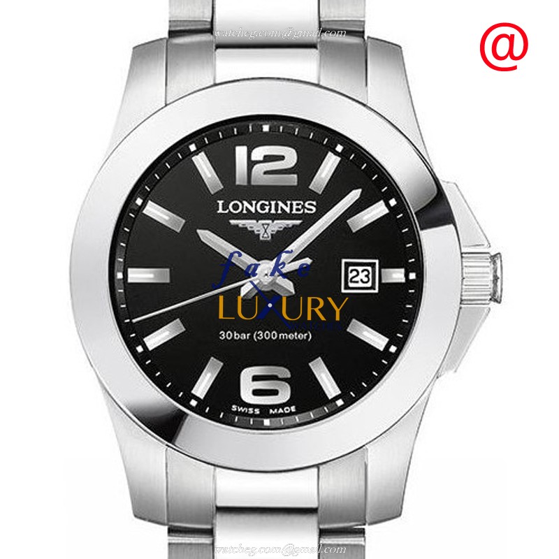 Longines L3.376.4.58.6 Conquest Replica Watch, Quartz Movement, Black Dial, Steel Bracelet