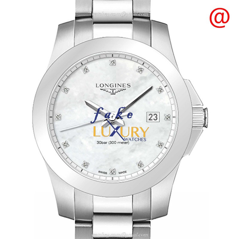 Longines L3.378.4.87.6 Replica Conquest Watch, Quartz Movement, White Mother of Pearl Dial, Steel