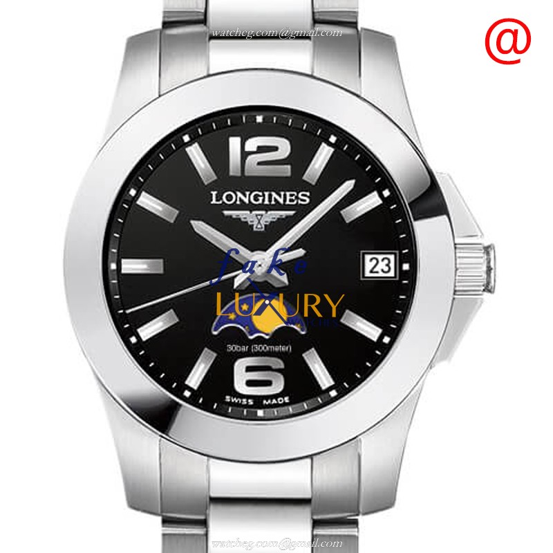 Longines L3.380.4.58.6 Conquest Quartz Black Dial Silver Stainless Steel Replica Watch