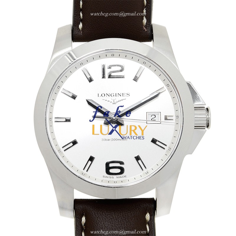 Longines Conquest L3.659.4.76.5 Quartz 41mm Stainless Steel Silver Dial Leather Strap Replica Watch - Luxury Replica Watch