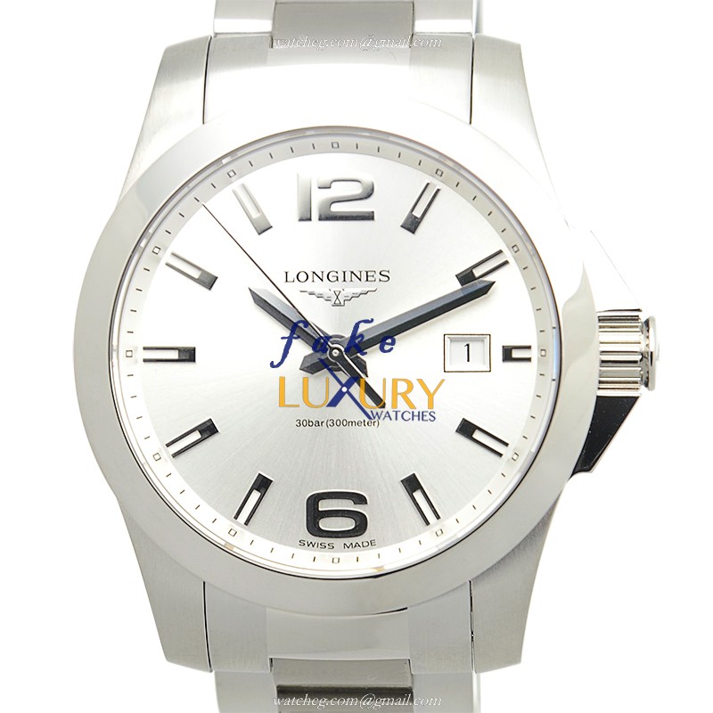 Longines L3.659.4.76.6 Conquest Quartz Replica Watch, Silver Dial Steel Bracelet 41mm