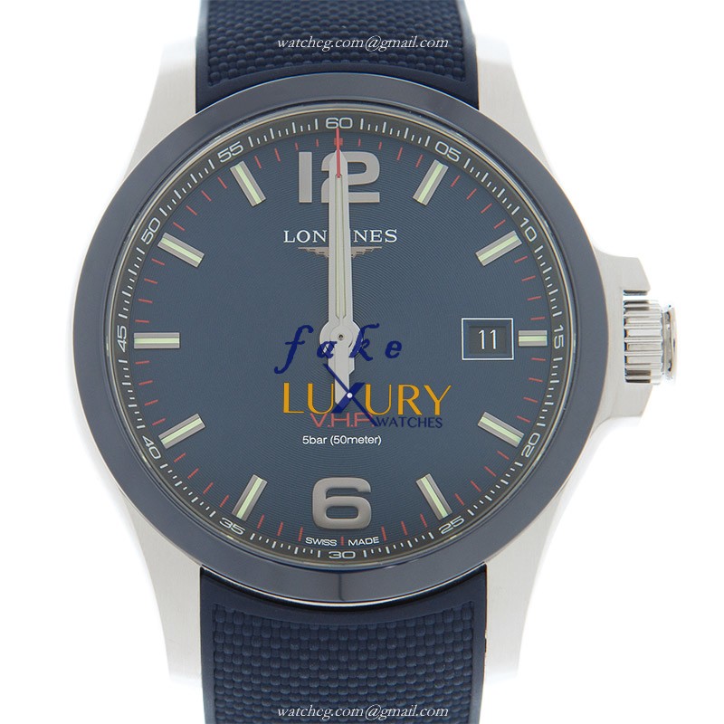 L3.729.4.96.9 - Longines Conquest Replica Watch - Quartz Ceramic Steel Blue Dial Rubber Strap - Luxury Replica Watch
