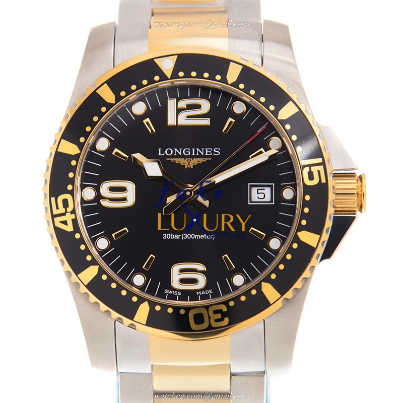 Longines L3.740.3.56.7 Conquest Replica Watch, Quartz Movement, Black Dial, Gold-Plated Steel Case