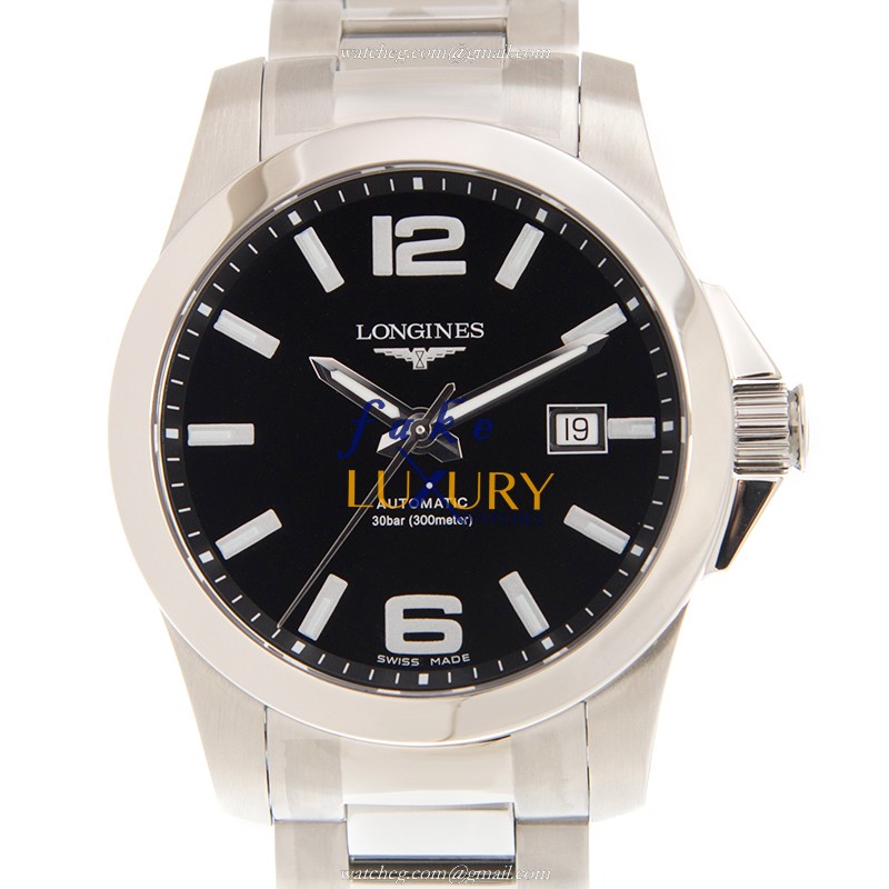 Longines L3.777.4.58.6 Conquest Replica Watch, Automatic Movement, Black Dial, Steel Bracelet