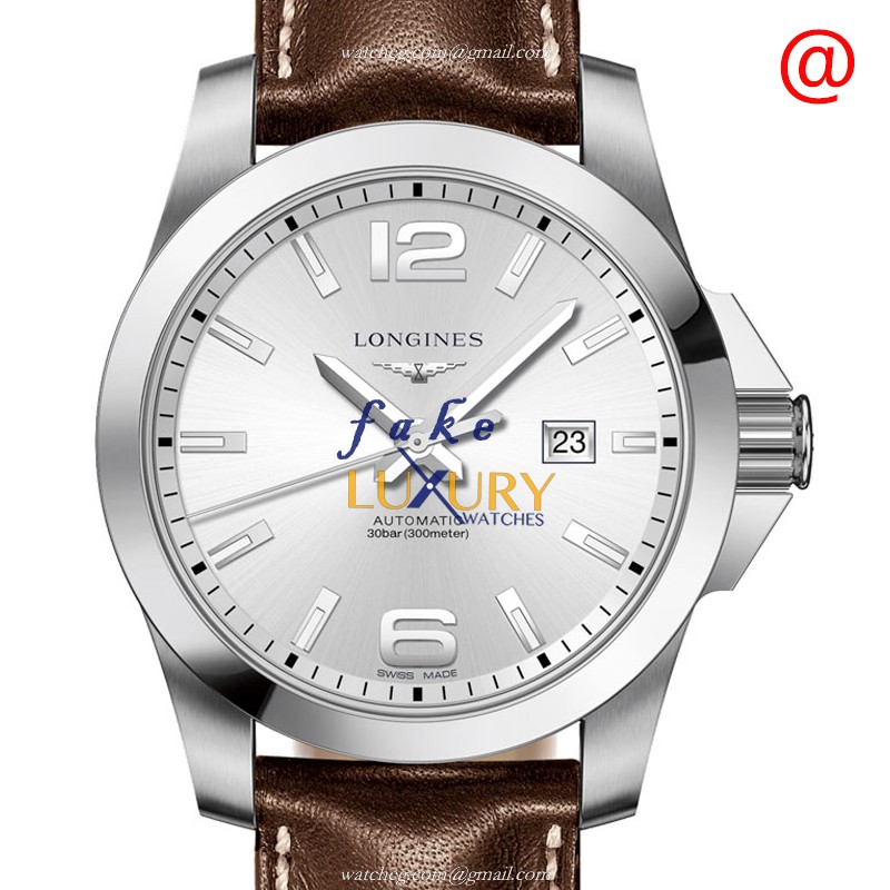 Longines L3.778.4.76.5 Conquest Automatic Stainless Steel Silver Dial Brown Leather Strap Replica