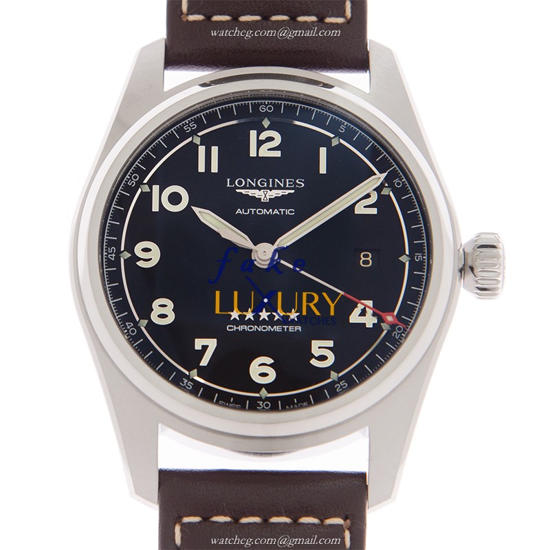 Longines L3.810.4.53.0 Spirit Replica Watch Automatic Black Dial Stainless Steel Case Brown Leather