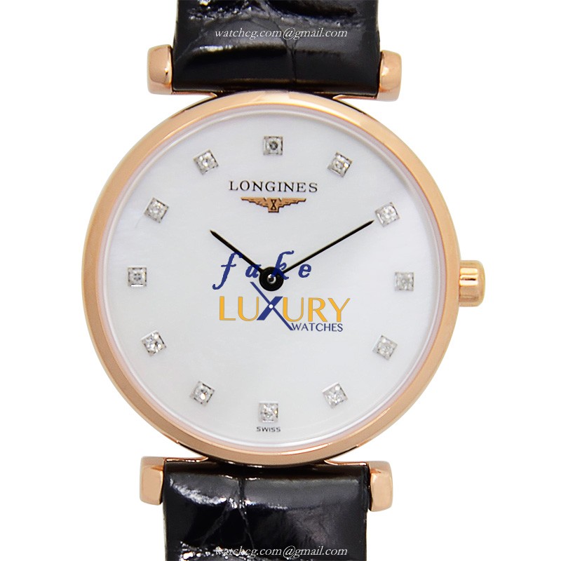 Longines La Grande L4.209.1.97.2 Quartz PVD Gold White Mother of Pearl Dial Black Alligator Strap - Luxury Replica Watch