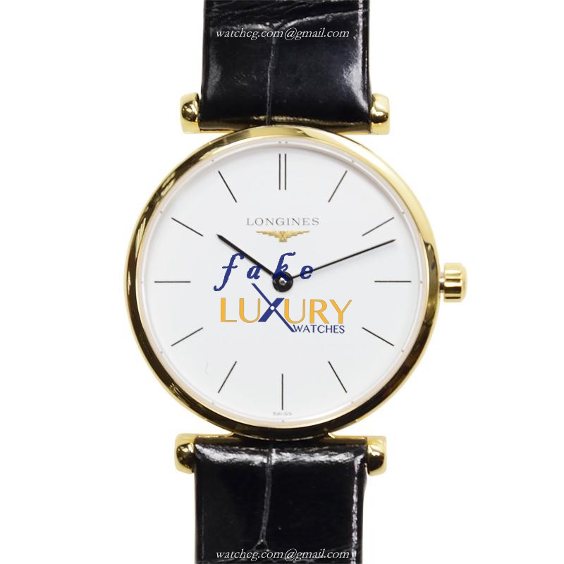 Longines L4.209.2.12.2 La Grande Replica Watch, Quartz, White Dial, PVD Gold Case, Alligator Strap