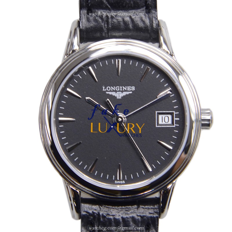 Longines L4.216.4.52.2 Flagship Replica Watch, Quartz Movement, Silver Dial, Black Leather Strap