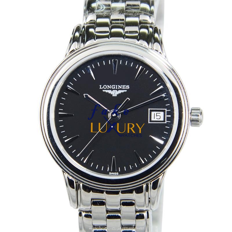 Longines L4.216.4.52.6 FLAGSHIP Replica Watch, Quartz, 24mm, Black Dial, Steel Case