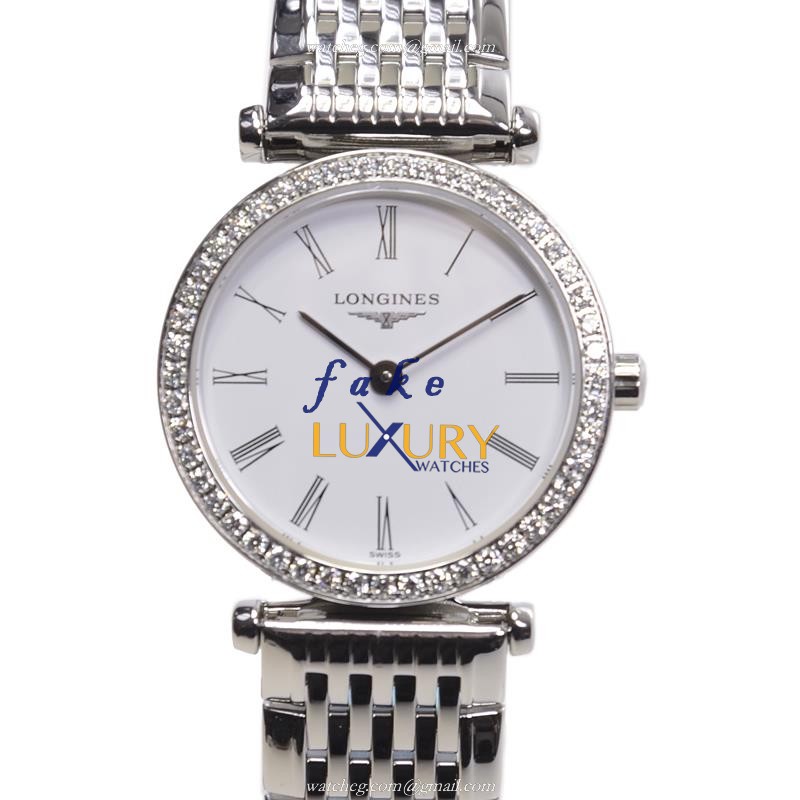 Longines L4.241.0.11.6 La Grande Replica Watch, Quartz Movement, White Dial, Steel & Diamonds
