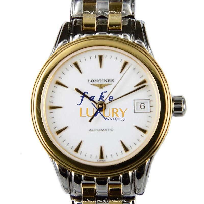 Longines L4.274.3.22.7 Flagship Replica Watch Automatic 18kt Gold Steel White Dial Silver Strap