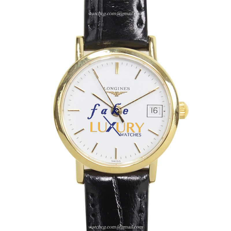 Longines L4.277.6.12.0 Replica Watch, Quartz, White Dial, 18kt Yellow Gold Case, Black Cowhide Strap