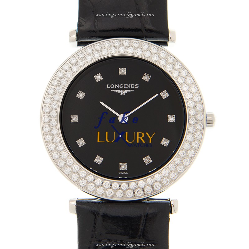 Longines L4.308.0.57.2 Replica Watch, Quartz, Black Dial, Stainless Steel & Diamonds Case