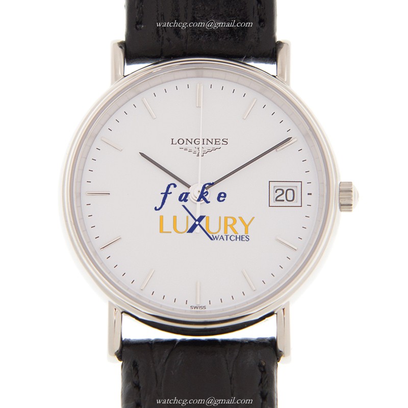 Longines L4.320.4.12.2 PRESENCE Quartz Stainless Steel Replica Watch - White Dial, Leather Strap