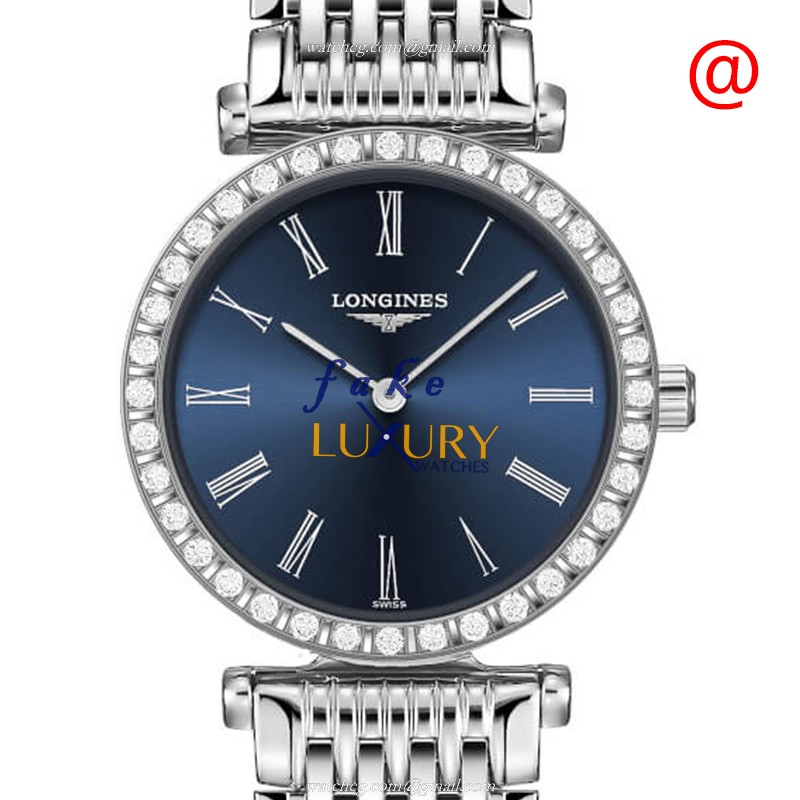 Longines L4.341.0.94.6 La Grande Replica Watch, Quartz Movement, Blue Dial, Steel & Diamonds