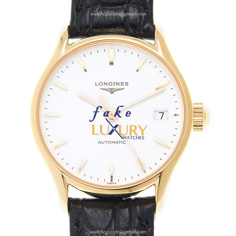 Longines L4.360.2.12.2 Lyre Replica Watch, Automatic, White Dial, Gold-Plated Steel Case, Alligator