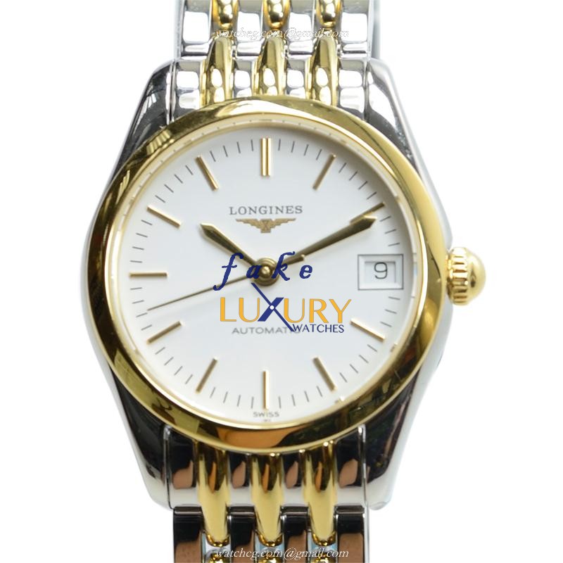 Longines L4.398.3.12.7 Elegant Series Automatic PVD Gold White Dial Silver Strap Replica Watch