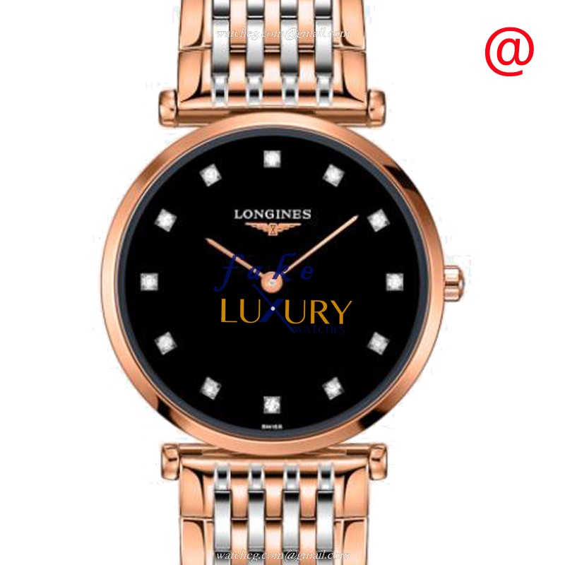 Longines La Grande Quartz 18kt Rose Gold & Steel L4.512.1.57.7 Black Dial Replica Watch - Luxury Replica Watch
