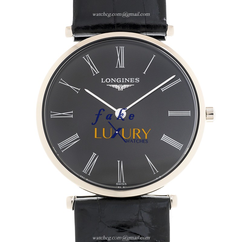Longines L4.512.4.51.2 La Grande Replica Watch, Quartz Movement, Black Dial, Leather Strap