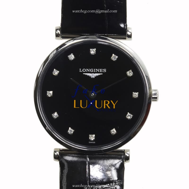 Longines L4.512.4.58.2 Quartz Replica Watch, Stainless Steel Case, Black Dial, Leather Strap