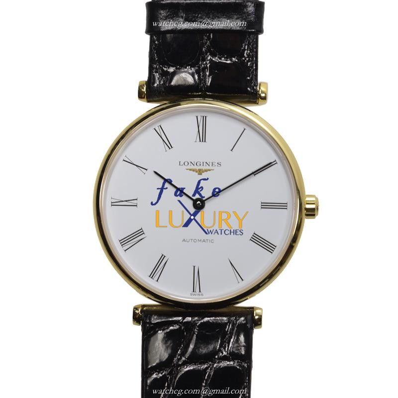 Longines L4.708.2.11.2 La Grande Automatic Replica Watch, 18kt Yellow Gold, White Dial, Black - Luxury Replica Watch