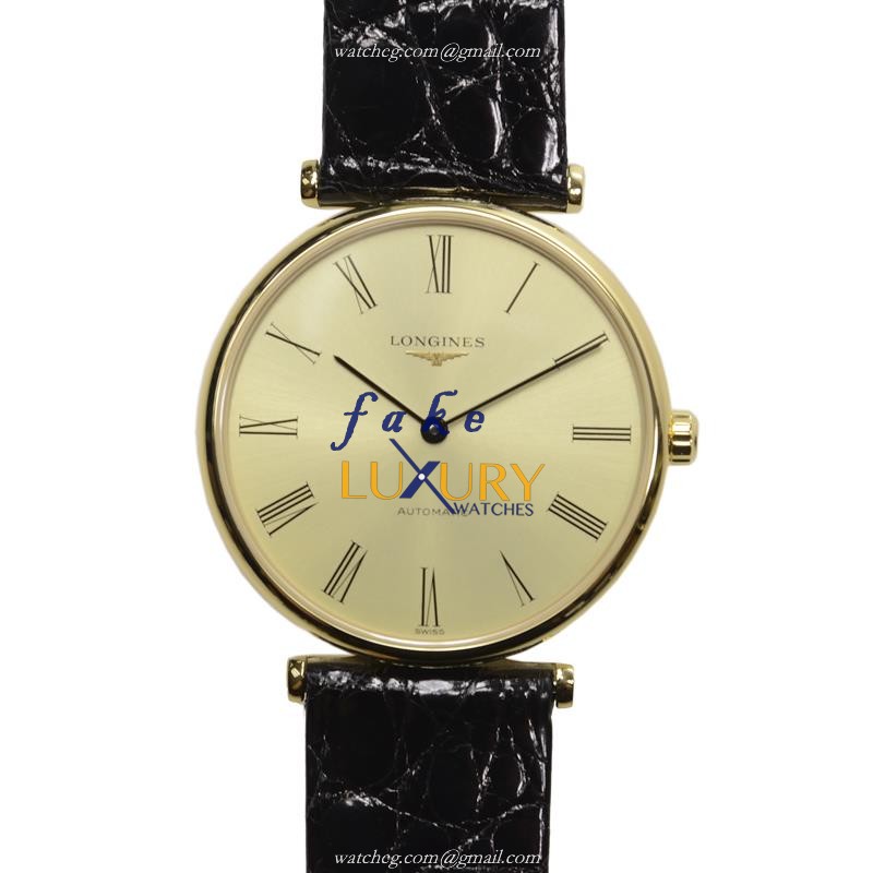 Longines L4.708.2.31.2 La Grande Replica Watch, Automatic, Gold Dial, Steel Case, Black Leather