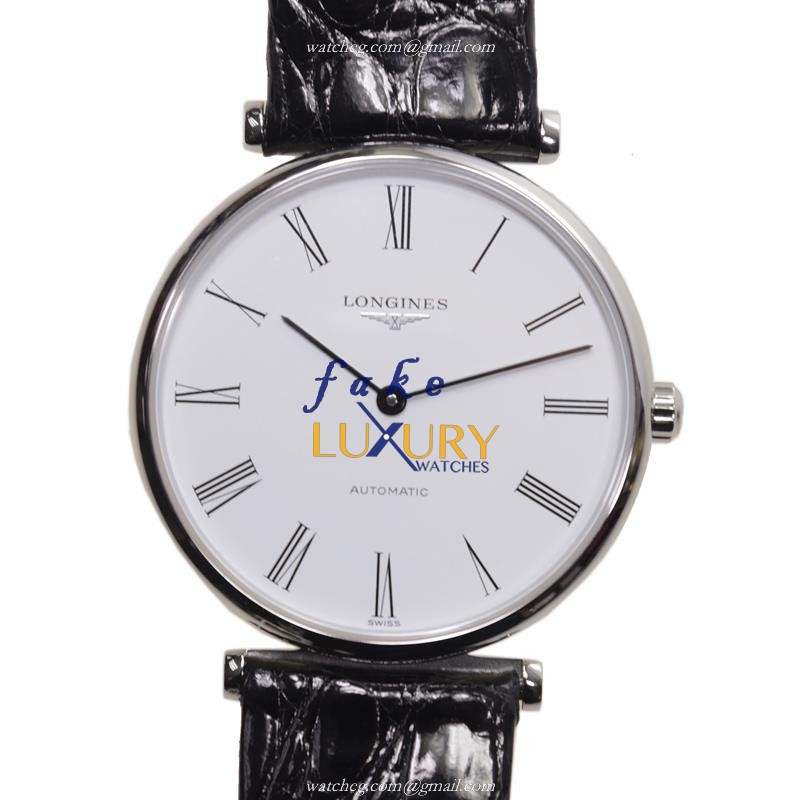 Longines L4.708.4.11.2 La Grande Replica Watch, Automatic Movement, White Dial, Black Leather Strap