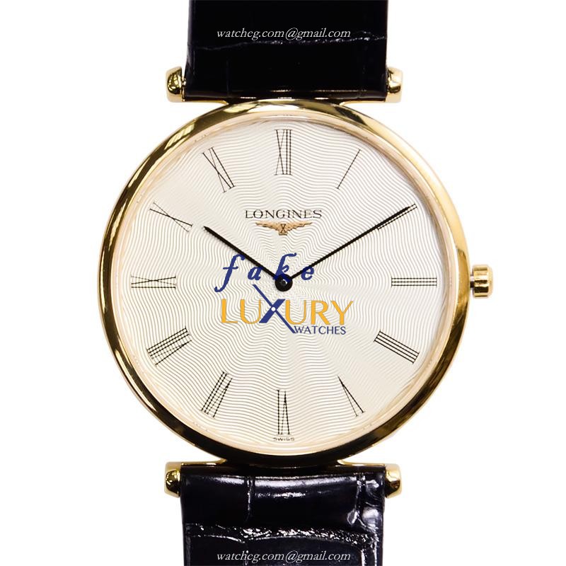 Longines L4.709.2.41.2 La Grande Replica Watch, Gold Dial, PVD Gold Case, Black Leather Strap
