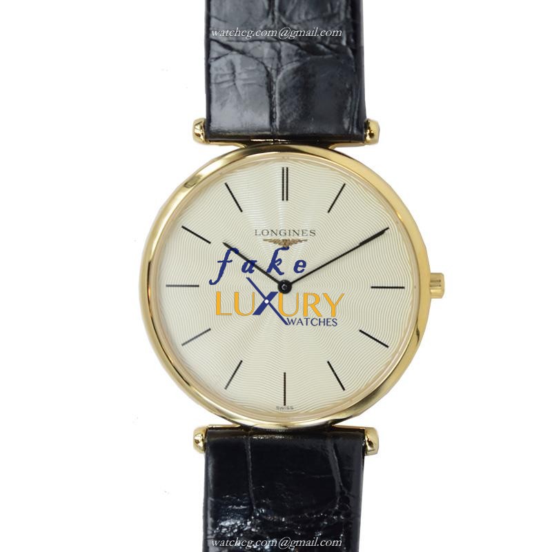 Longines L4.709.2.42.2 La Grande Replica Watch, Quartz, PVD Gold Case, Gold Dial, Black Leather - Luxury Replica Watch