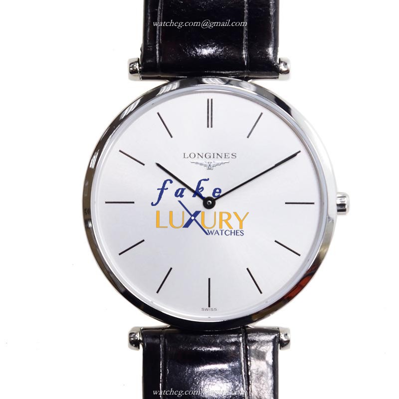 Longines L4.709.4.72.2 Quartz Stainless Steel Watch, 33mm, White Dial, Black Alligator, Replica